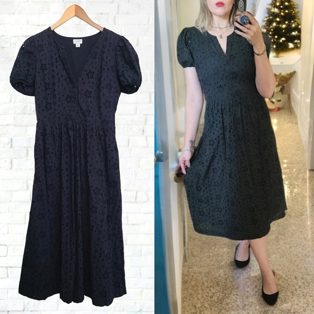 Women's Black Eyelet Midi Dress with Puff Sleeves